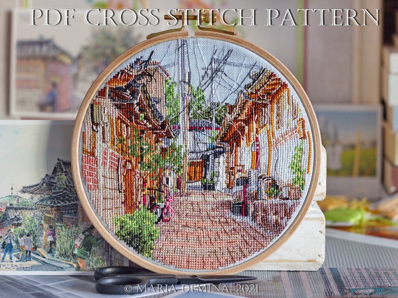 Bukchon Hanok Village (Seoul, South Korea) landscape - PDF cross stitch pattern - 手工艺教程/工具书 - 其他材质 
