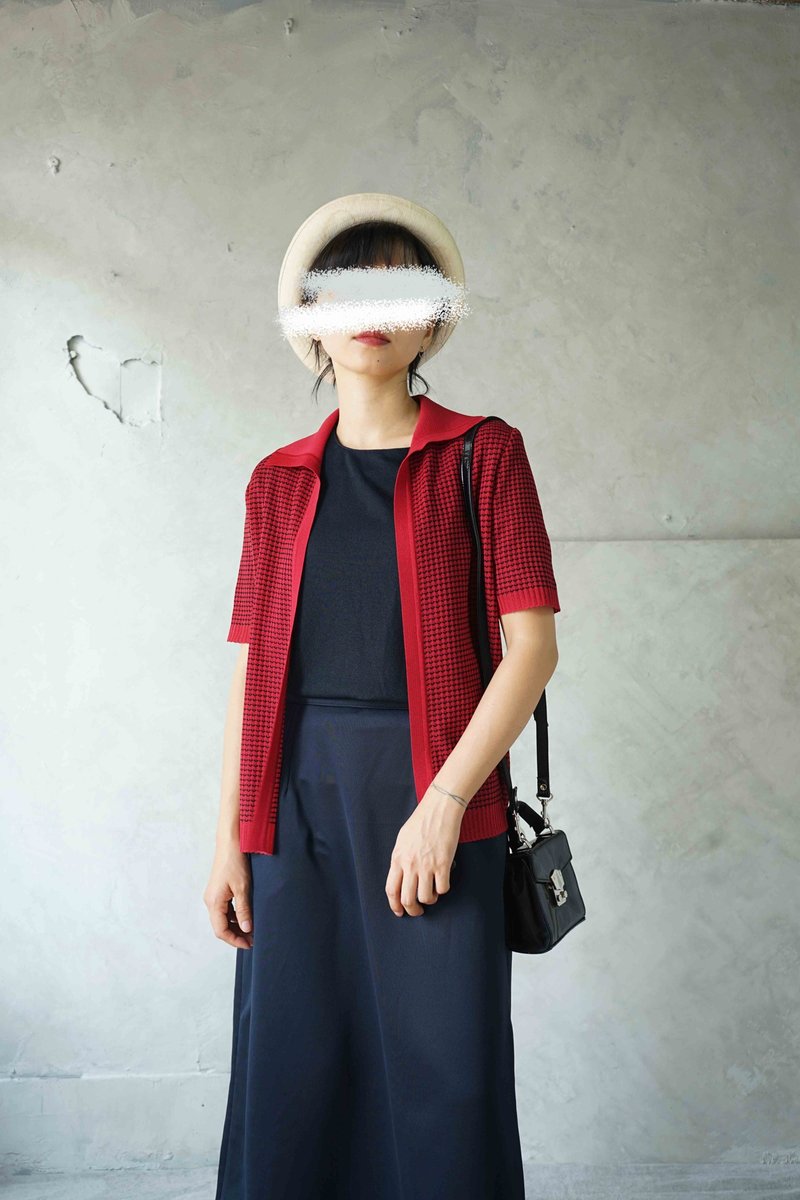 寻宝古着-复古红黑方格织纹短袖开襟针织外套 - 女装针织衫/毛衣 - 聚酯纤维 红色