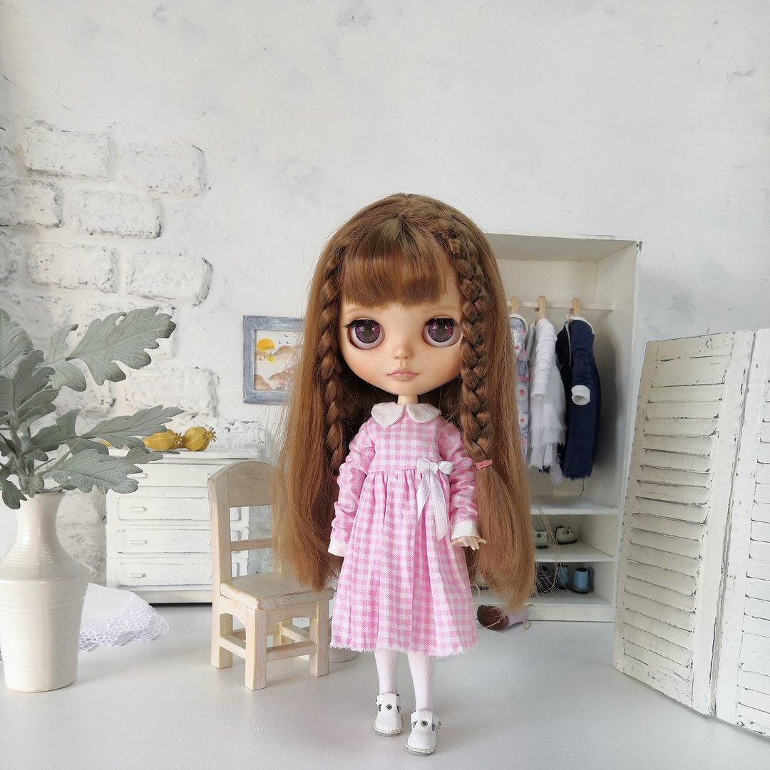 Blythe doll dress. Pink dress for Blythe doll with collar and long sleeves - 玩偶/公仔 - 棉 
