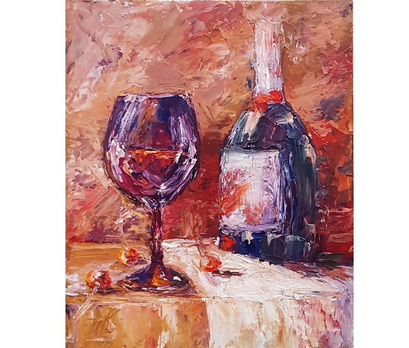Wine Painting Still Life Original Art  Oil Painting Wine Artwork  20  by 25 cm - 墙贴/壁贴 - 木头 多色