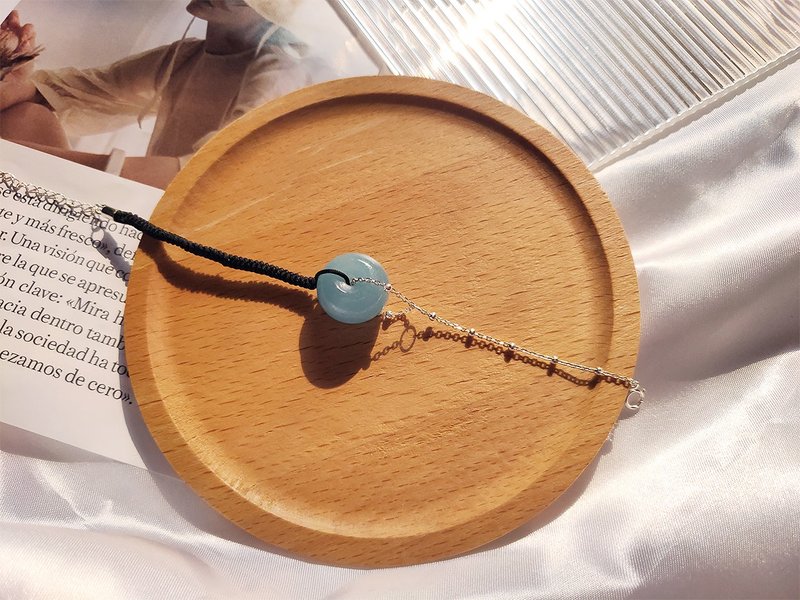 波赛顿的庇护 海蓝宝面包平安扣925纯银编织金刚结手链 - 手链/手环 - 水晶 蓝色