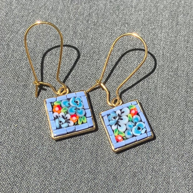 微马赛克花园玻璃耳环-小紫藤 - 耳环/耳夹 - 玻璃 紫色