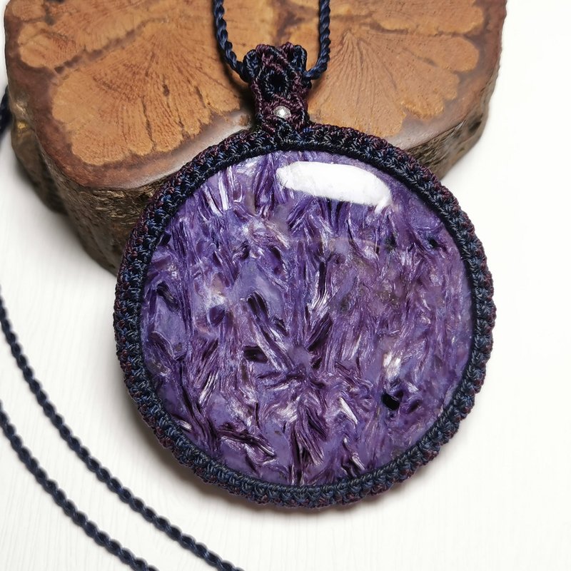 龙纹紫龙晶大圆片-双色蜡线编织系列/项链可调整长度 - 项链 - 半宝石 紫色