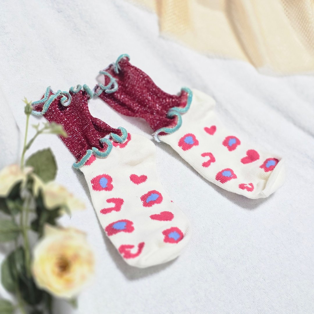 红×粉豹纹 彩色荷叶边袜 抢眼袜子 个性风 15-18cm 儿童袜 socks - 袜子 - 其他材质 粉红色