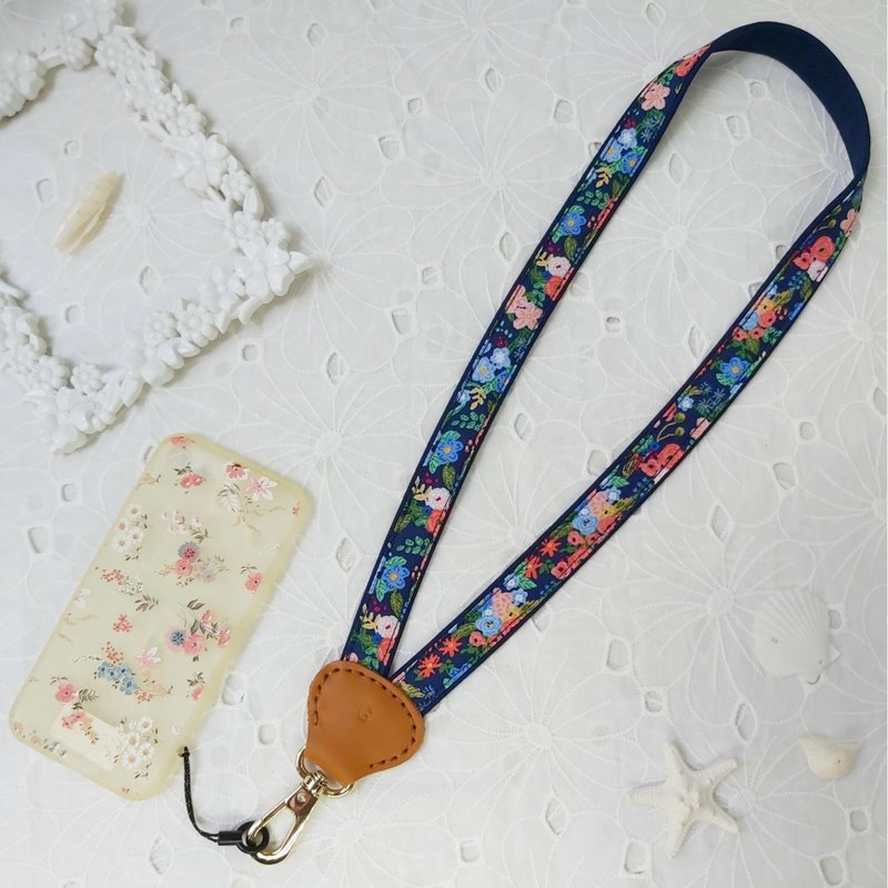 深蓝色系Y型减压韩国双色花布真皮手机颈挂绳 - 挂绳/吊绳 - 棉．麻 蓝色