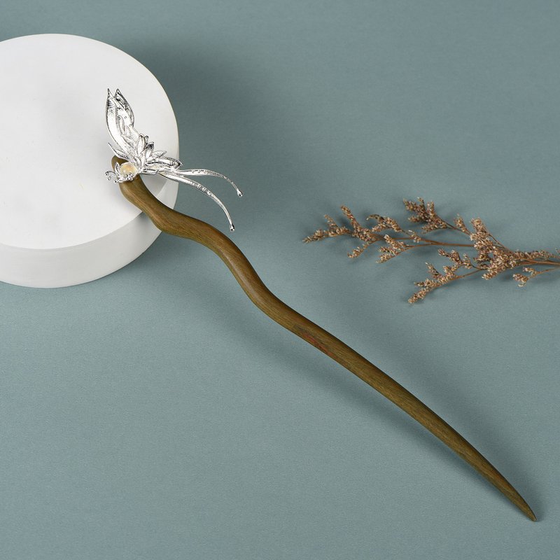 绿檀木银色蝴蝶造型手作发簪发钗汉服配饰 - 发饰 - 木头 银色