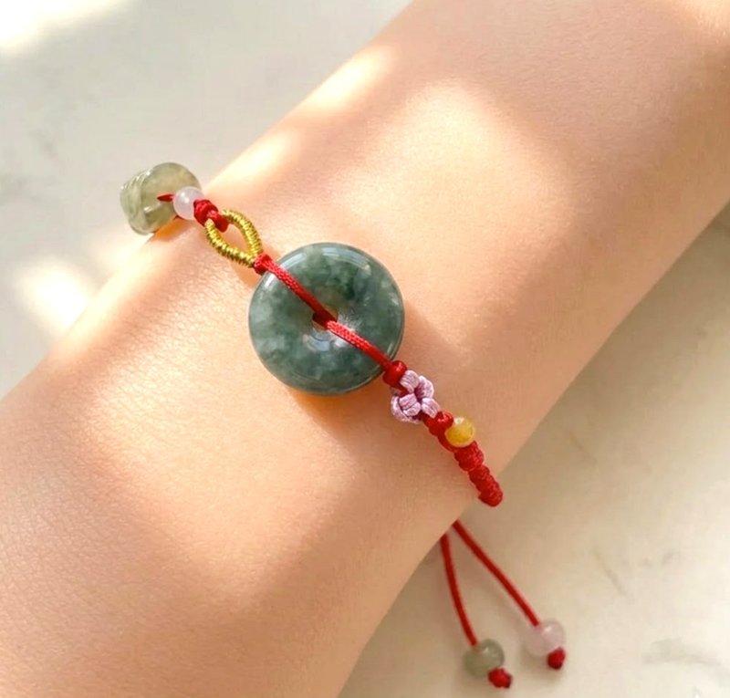 蓝水飘花翡翠平安扣冰绿龟壳编织手链 | 天然缅甸翡翠A货 | 送礼 - 手链/手环 - 玉石 绿色