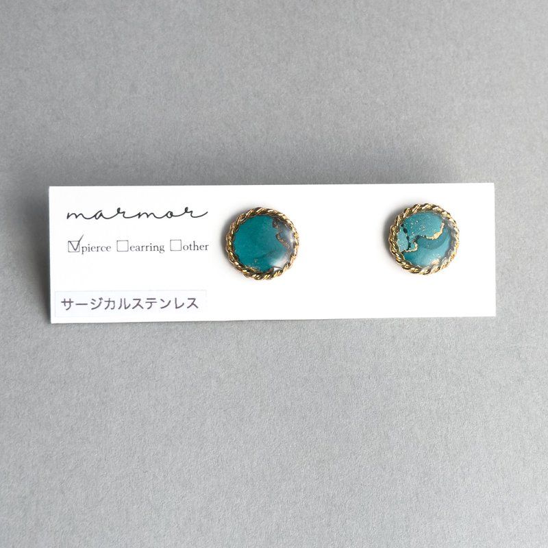 【现货一件】蓝绿色 酒精墨水艺术 耳环 医疗级不锈钢 迷你 小巧 金属过敏友善 小尺寸 独特设计 金色 气质款 青色 - 耳环/耳夹 - 树脂 蓝色