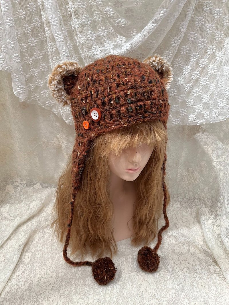森林熊耳罩帽，手工钩织熊造型冬季帽 - 帽子 - 其他材质 