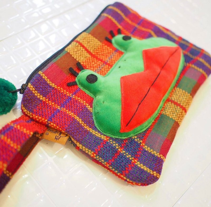 E*group 阿蛙  红紫格子  口水手机袋 口水手提零钱包 手提包 - 手提包/手提袋 - 棉．麻 红色