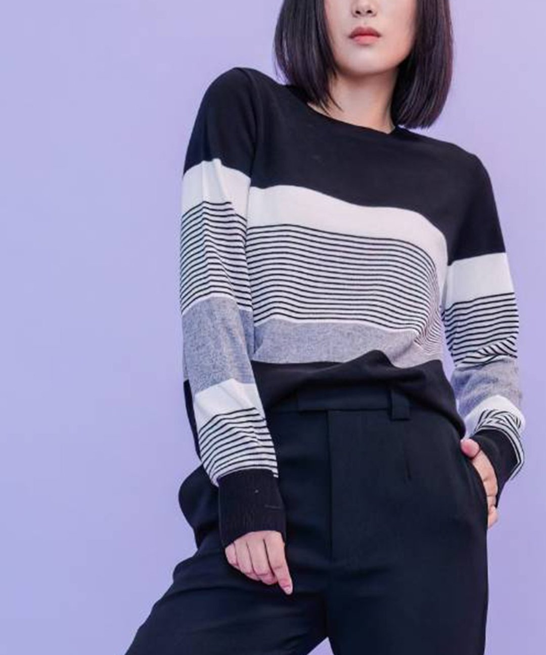 细宽条纹线衫 - 女装针织衫/毛衣 - 羊毛 多色