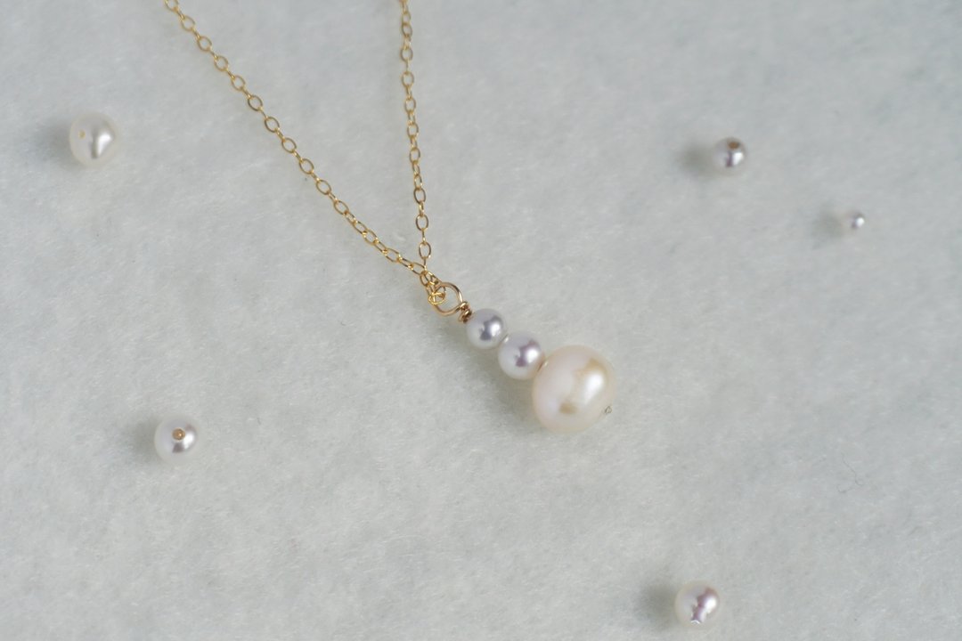 独家设计 淡水珍珠项链 注金项链 14Kgf -Gradient Necklace - 耳环/耳夹 - 珍珠 白色