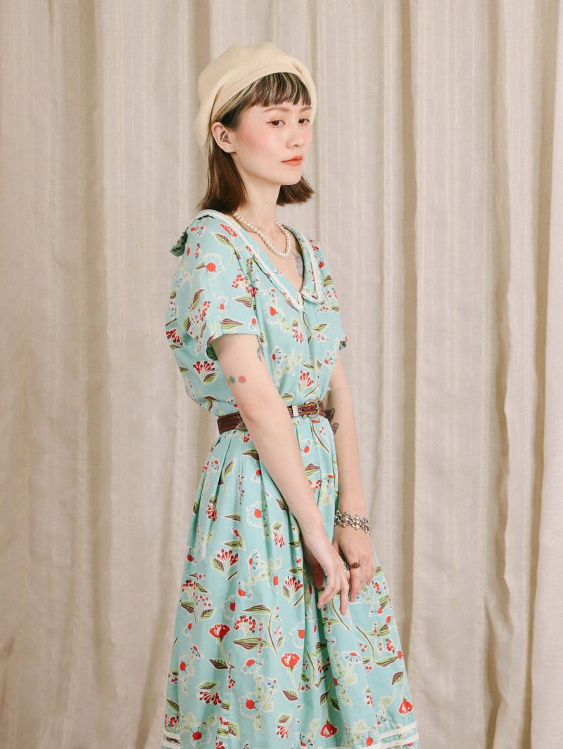 Tsubasa.Y│古着欧洲洋装009 蓝绿色 红花 碎花 花纹 图腾 蕾丝 - 洋装/连衣裙 - 棉．麻 多色