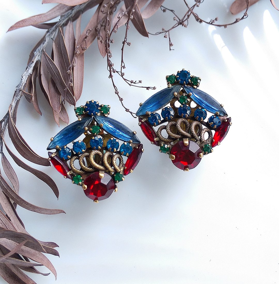 Vintage Jewelry 西洋古董饰品 WEISS 蓝红调 优雅莱茵 夹式耳环 - 耳环/耳夹 - 其他金属 金色