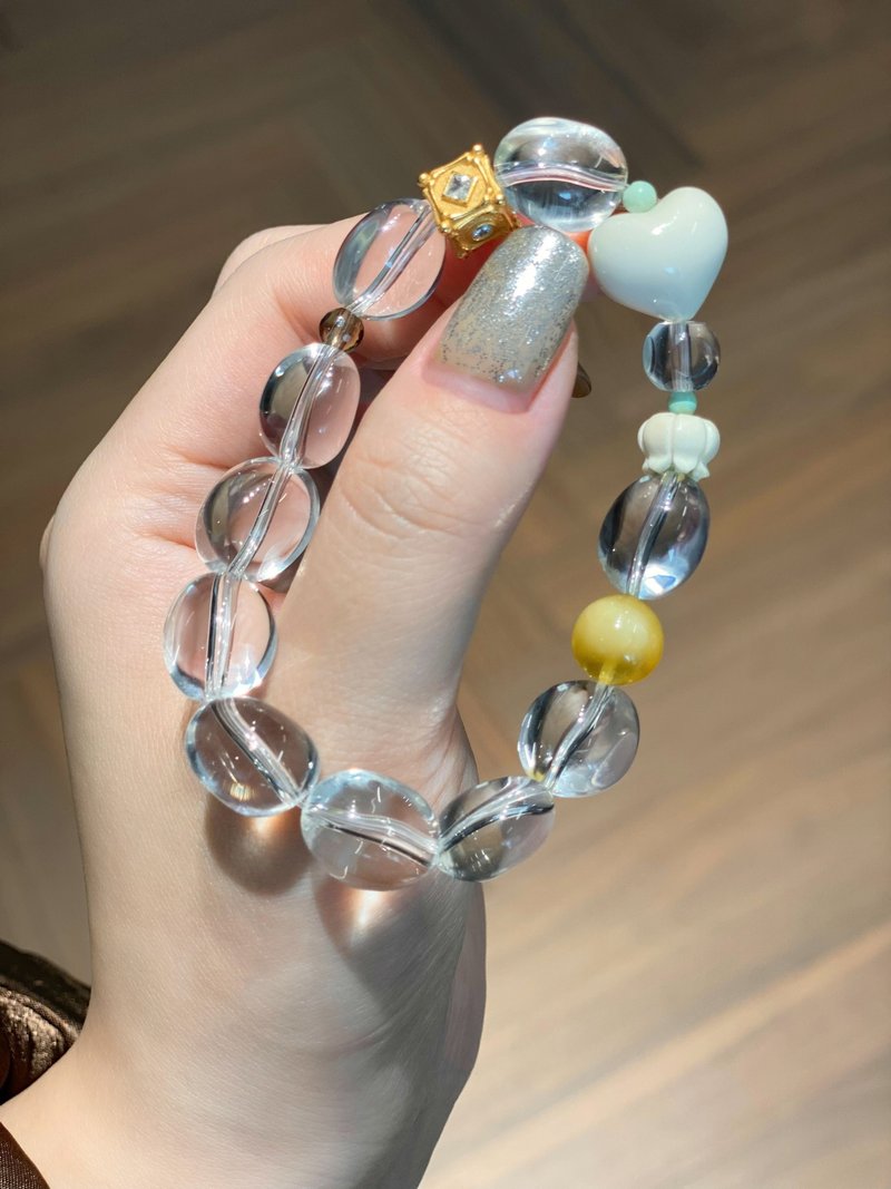 天然全净体白水晶+猛犸象牙爱心 铃兰花+蜜蜡 手链手串 - 手链/手环 - 水晶 