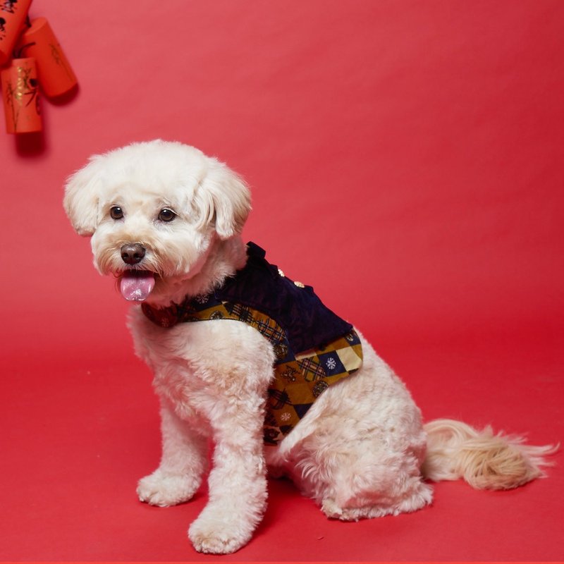 胸背衣 富贵好运到  印花灯芯绒x宝蓝色烧花天鹅绒 XS/S/M/L - 衣/帽 - 棉．麻 