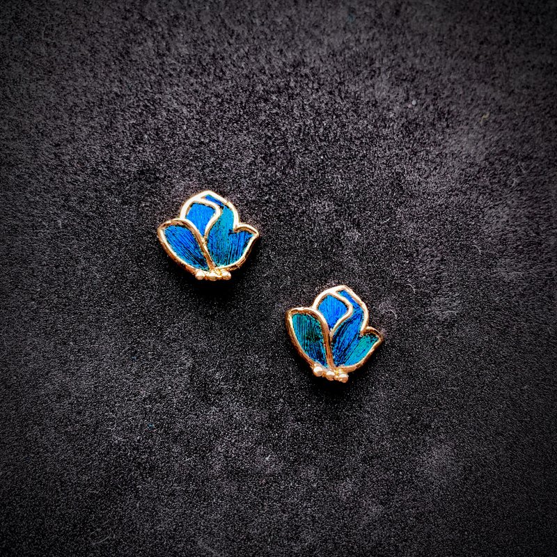 【手作】孔雀羽毛点翠工艺 玉兰花小耳钉——瑶华 - 耳环/耳夹 - 玫瑰金 