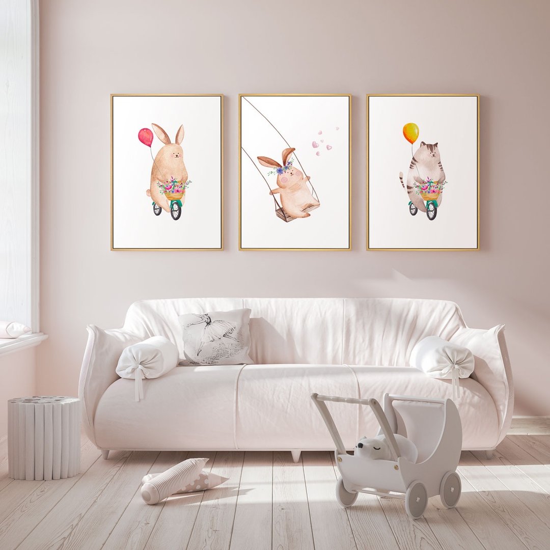 【联画优惠组合】小动物出游三幅联画组合/卧室装饰画/客厅摆设 - 海报/装饰画/版画 - 其他材质 粉红色