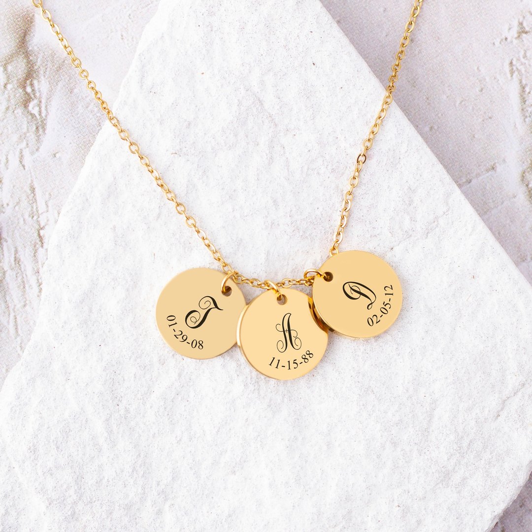 Name Date Necklace Custom Name Necklace Engrave Circle Name Tag Birthday Gift - 项链 - 其他金属 银色
