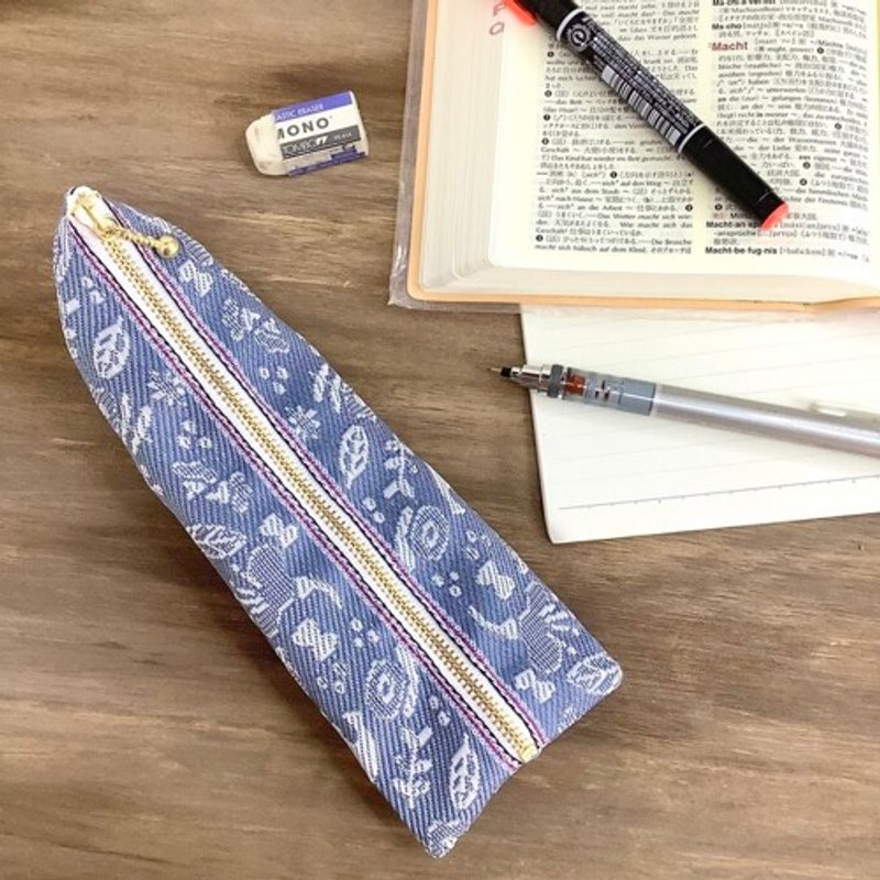 【小鸟与花朵…】榻榻米布边 四面锥形笔袋 浅花色 蓝灰色 大人可爱 - 铅笔盒/笔袋 - 其他材质 蓝色