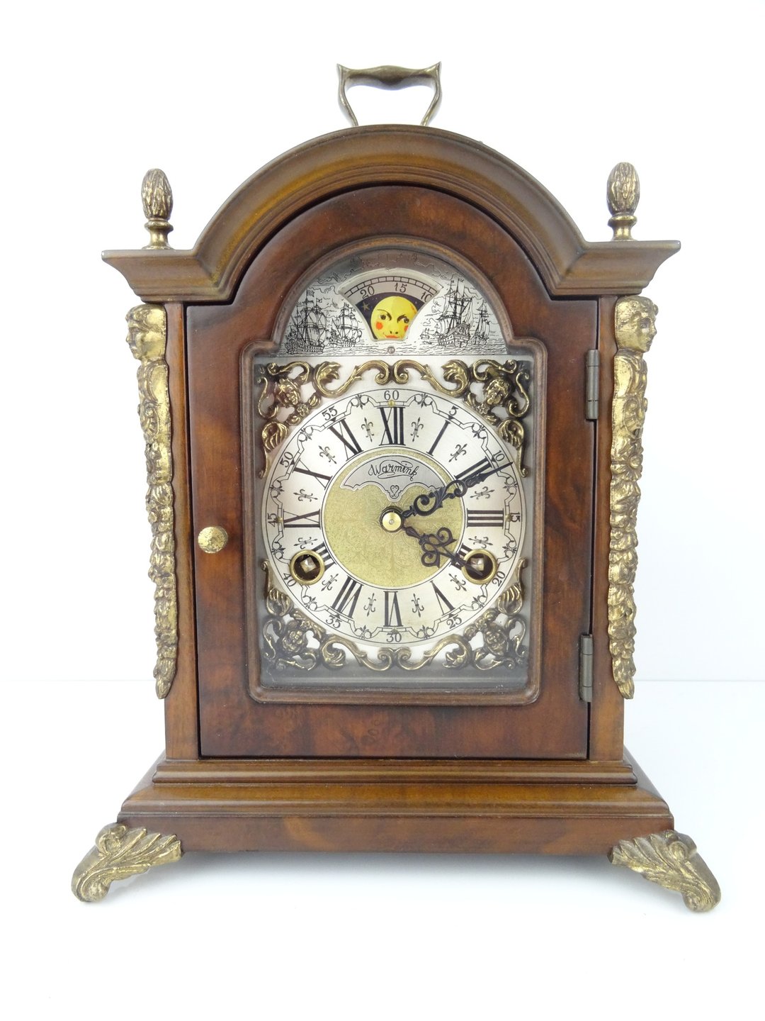 Antique Vintage Dutch Mantel Clock Warmink Wuba Shelf Bracket Moon Phase 8 day - 时钟/闹钟 - 木头 咖啡色