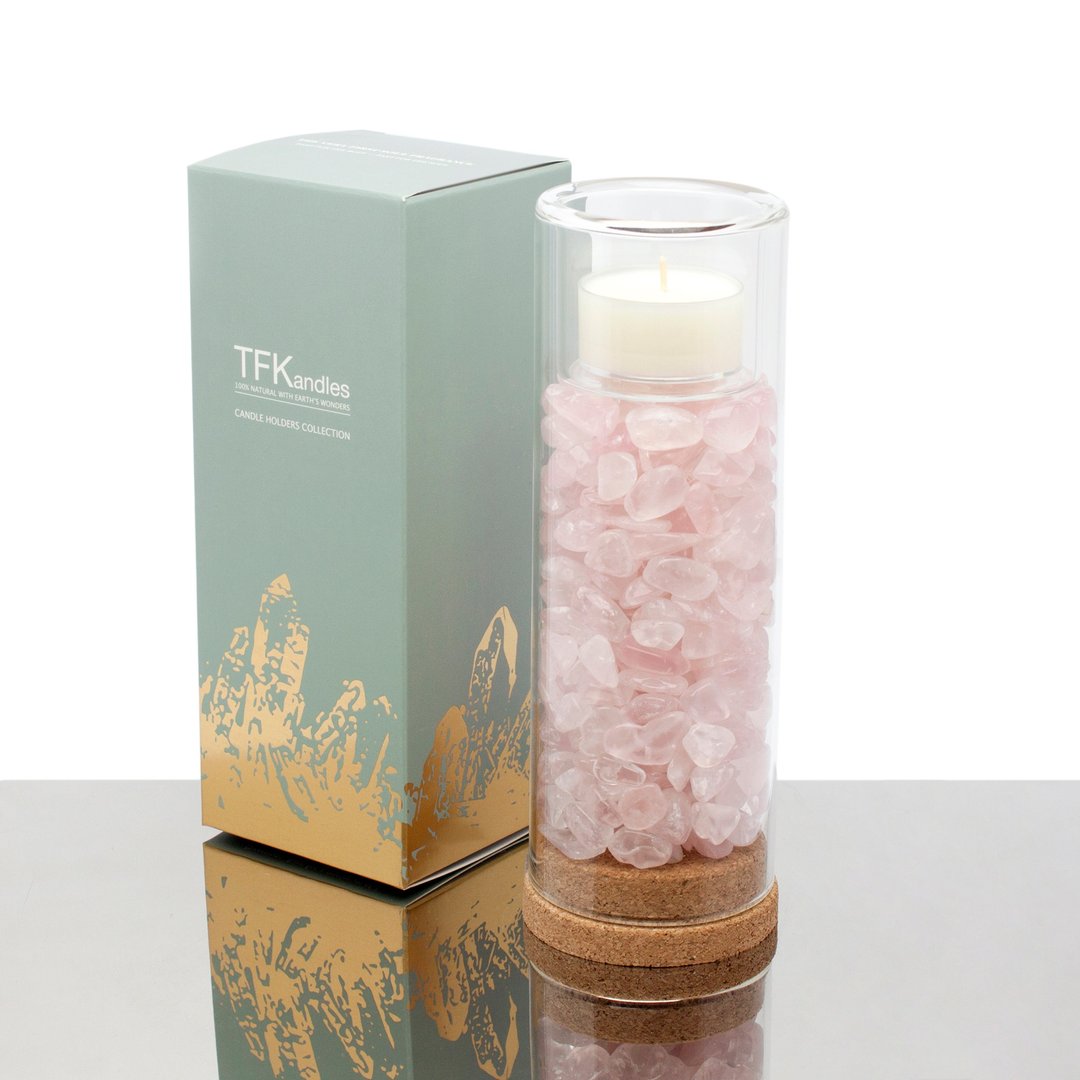 Natural Rose Quartz Candle Holder 天然粉水晶烛台 L - 蜡烛/烛台 - 宝石 粉红色