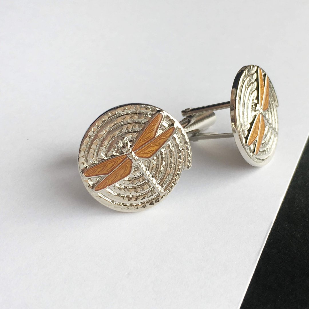 Dragonfly [Orange] Cloisonne Cufflinks Cufflinks Red Copper Metal Cloisonne - 袖扣 - 其他材质 橘色