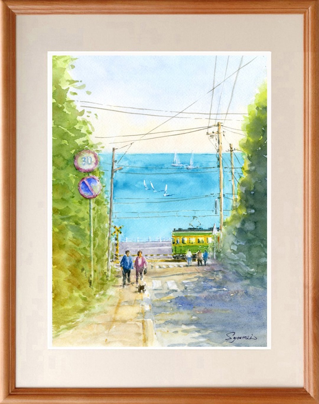 Original watercolor painting Enoden and yacht Nissaka - 海报/装饰画/版画 - 纸 蓝色