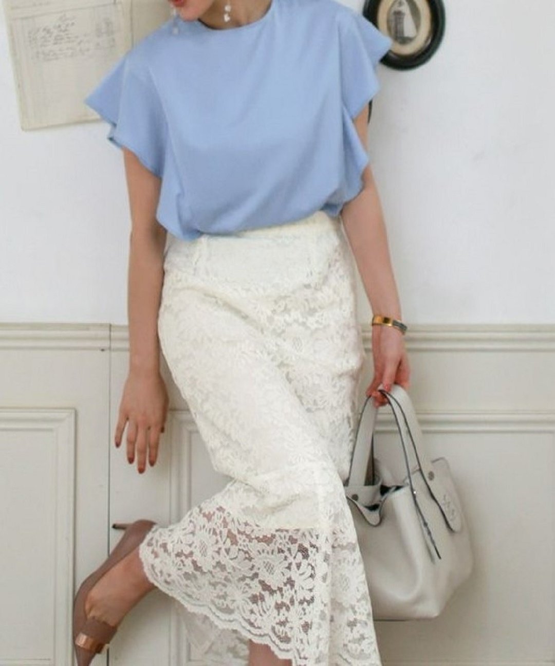 SPECIAL SALE Tops Frill Sleeve Blouse Satin Joint Space - 女装上衣 - 棉．麻 蓝色