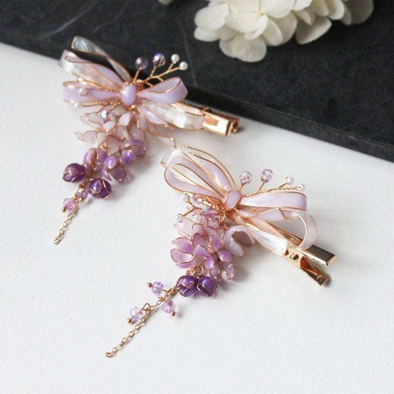 【缎带紫藤发夹】紫藤缎带蝴蝶结 浪漫 手工铜线树脂 发夹发饰 - 发饰 - 树脂 紫色