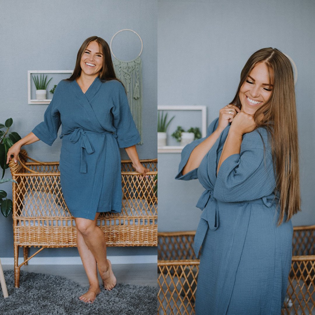 Navy Blue Bathrobe For Women - Muslin Kimono Style Robe - Light And Soft Bathrob - 居家服/睡衣 - 棉 蓝色