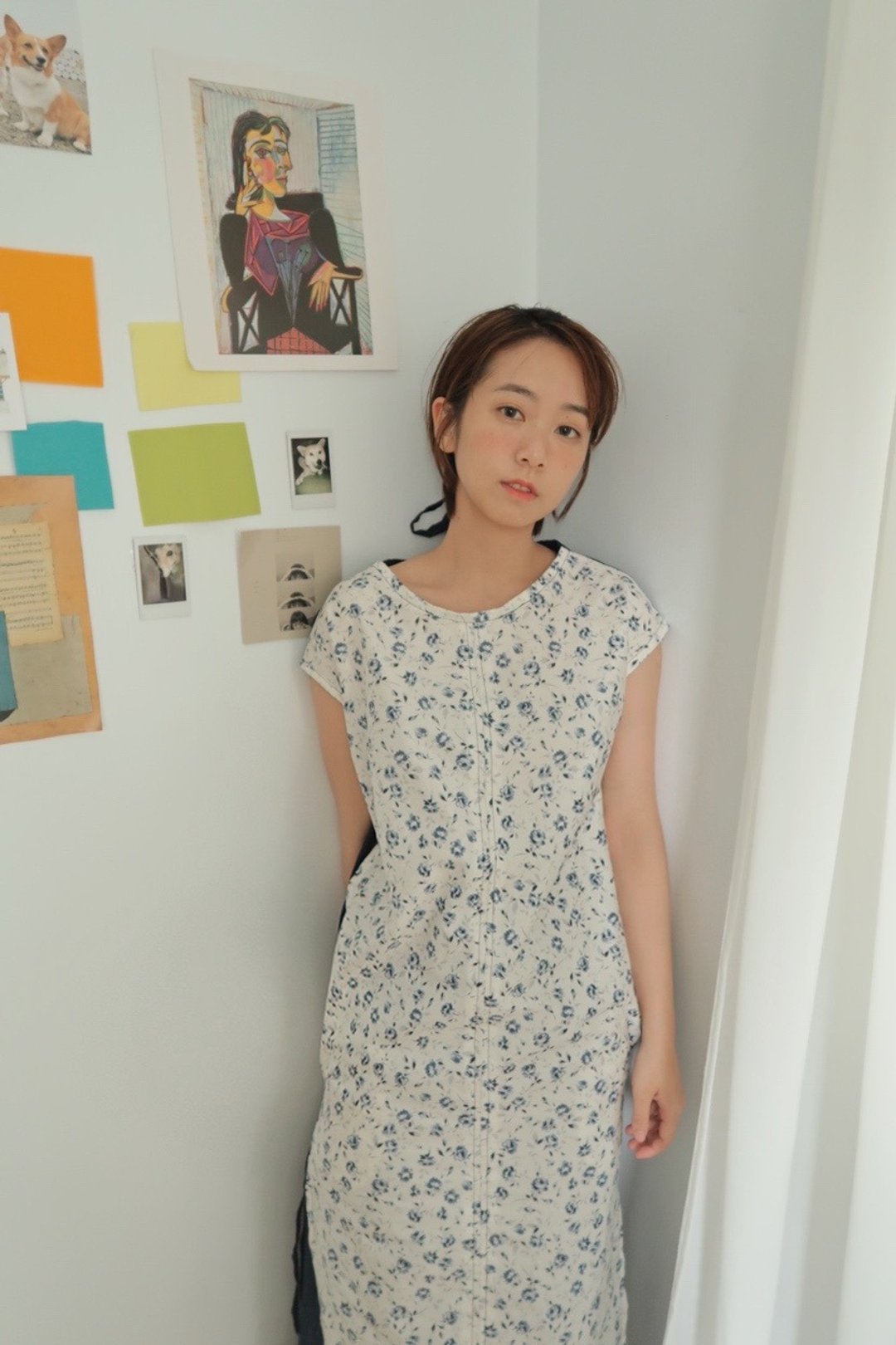 小蓝碎花前后拼接洋装 (附绑带) - 洋装/连衣裙 - 棉．麻 蓝色