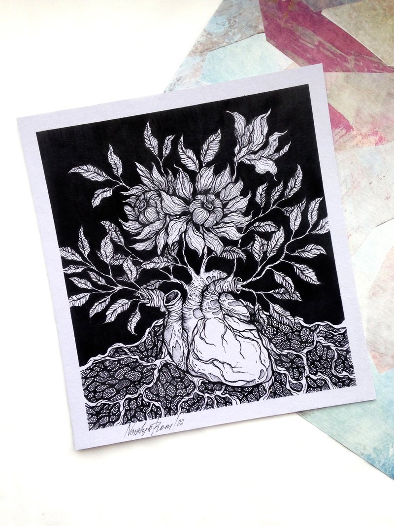 The blooming heart drawing. Heart drawing. Anatomic heart drawing. Flowers. - 海报/装饰画/版画 - 纸 黑色