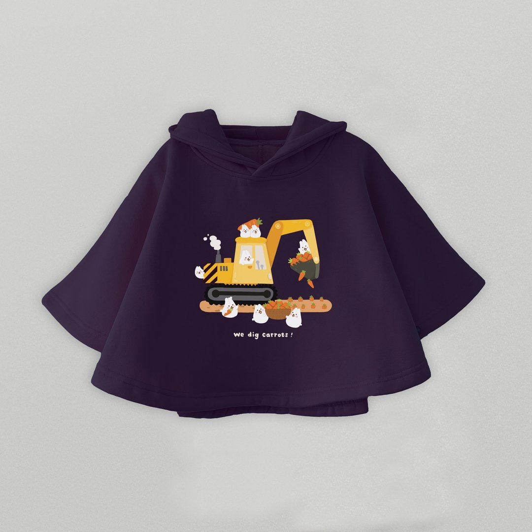 Kid-麻糬兔挖土机小孩厚款斗篷帽衣 (藏青) - 童装外套 - 棉 蓝色