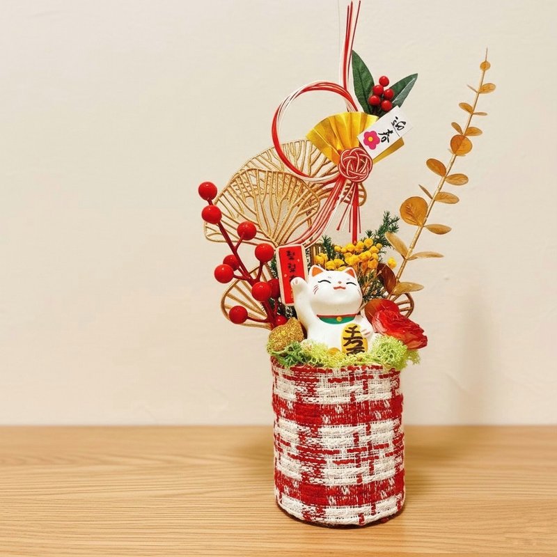 新春盆花 迎春招财猫永生花抱抱桶 新年开运 新年礼物 新年装饰 - 干燥花/捧花 - 水泥 红色