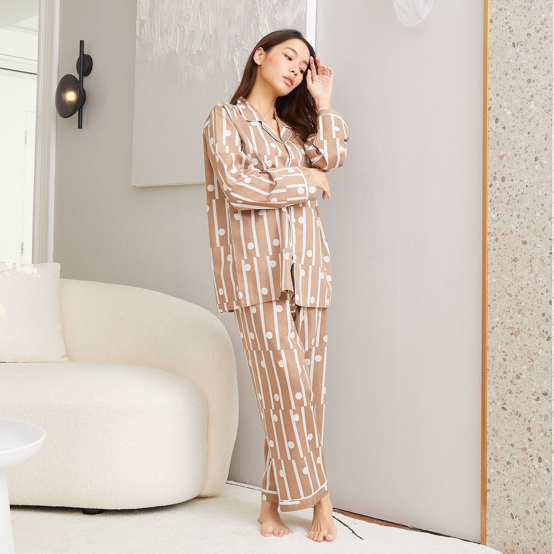 Cotton Pajamas long sleeve with Pants - 居家服/睡衣 - 棉．麻 咖啡色