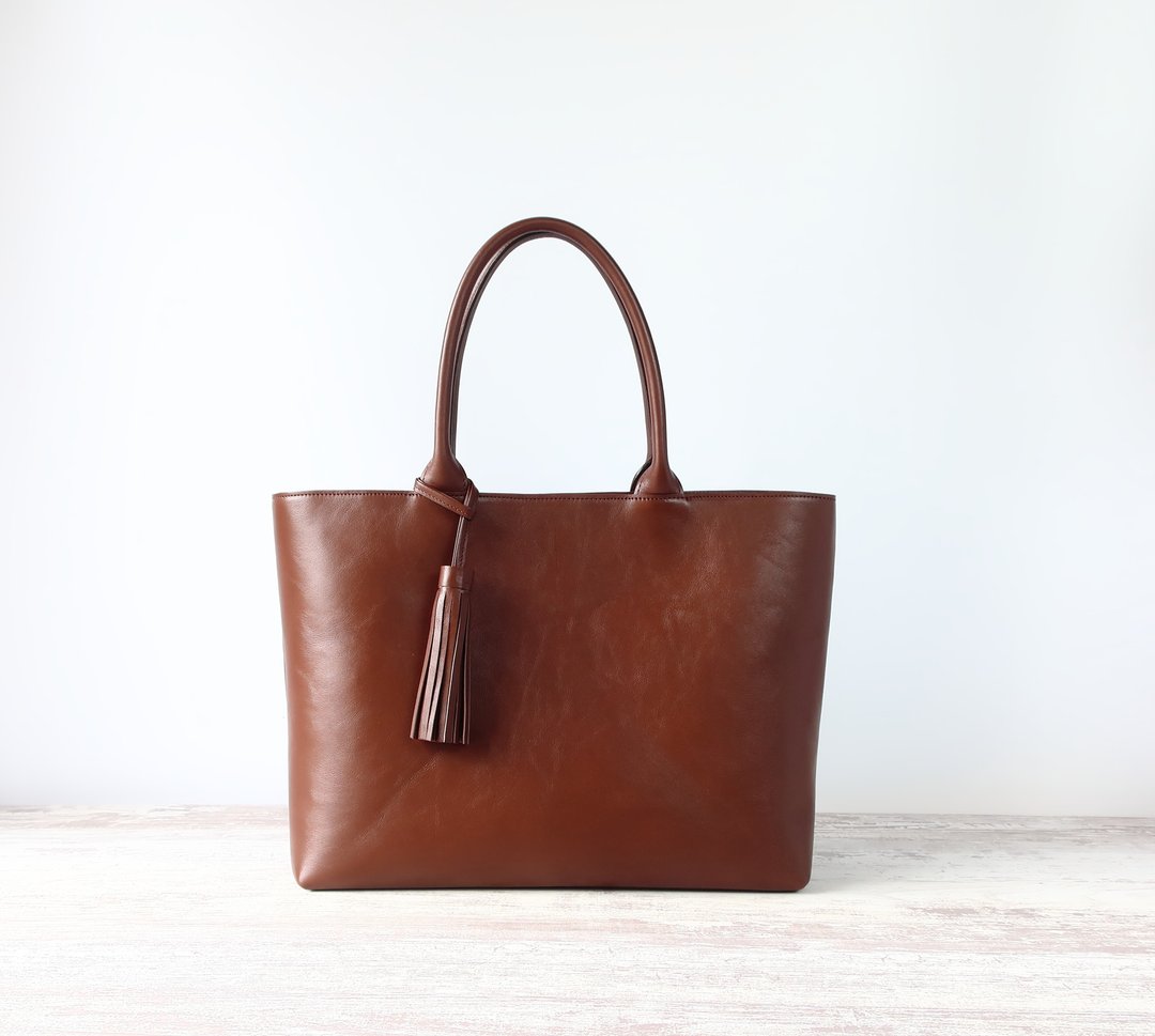 A4 size tote bag/L size, gusset 13cm.ver/Made to order, brown, round string - 手提包/手提袋 - 真皮 咖啡色