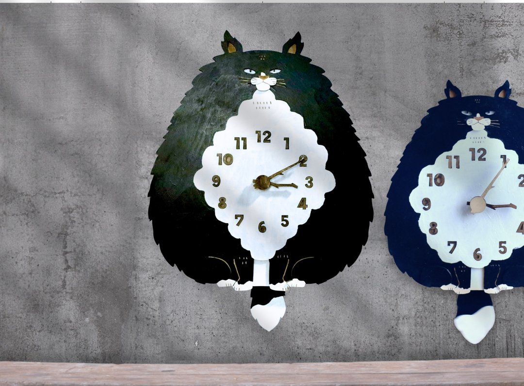 Hachiware cat, long hair, big size clock wooden pendulum clock wall clock - 时钟/闹钟 - 木头 黑色