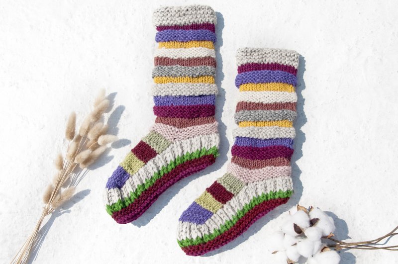 手织羊毛针织袜/条纹袜/羊毛钩织长袜/保暖毛袜-北欧费尔岛马卡龙 - 袜子 - 羊毛 多色