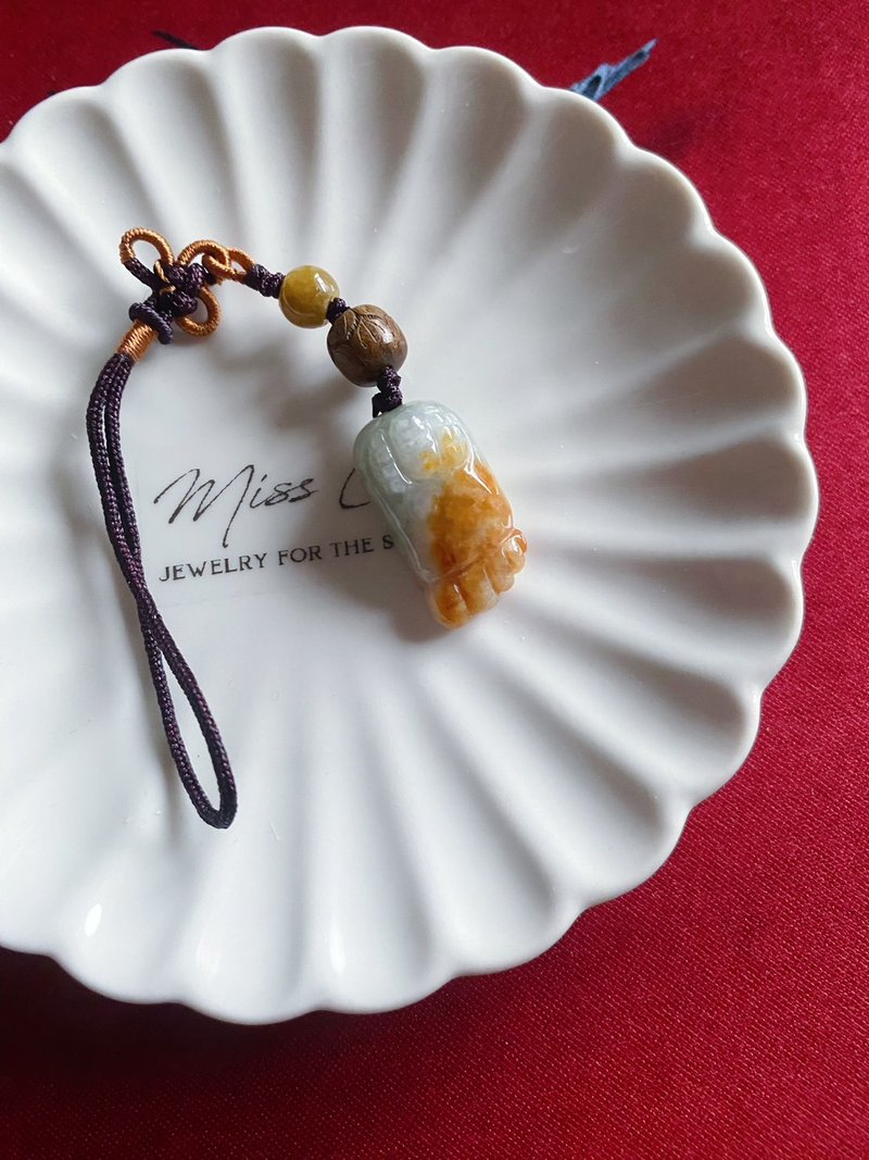 天然缅甸玉翡翠 黄翡 知足常乐 吊饰 手机挂 包挂 绿檀木 - 吊饰 - 玉石 橘色