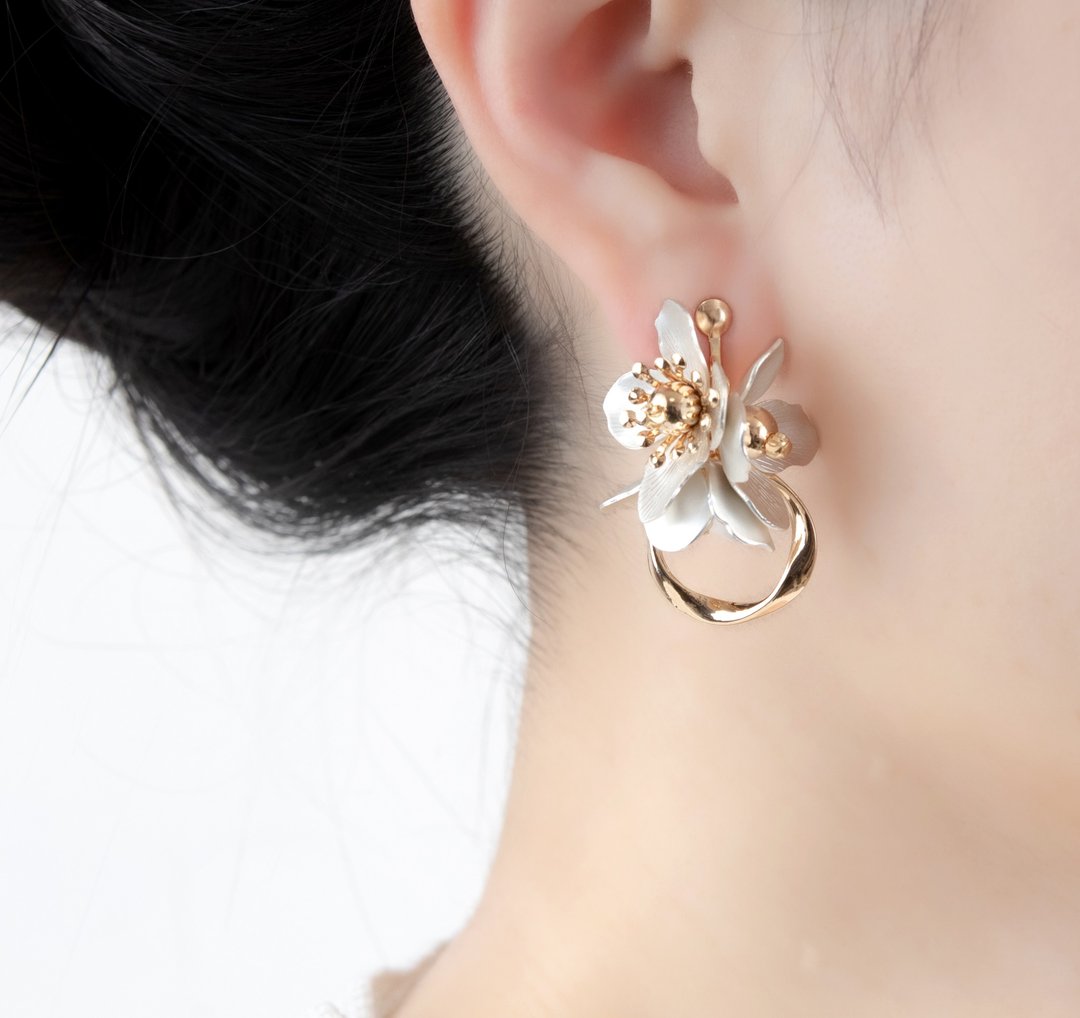 [K14gf] Champagne gold flower and twisted ring earrings (Clip-On can be changed) - 耳环/耳夹 - 其他金属 银色