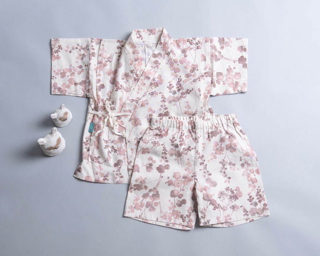 甚平和服(含裤)-花55 - 包屁衣/连体衣 - 棉 灰色