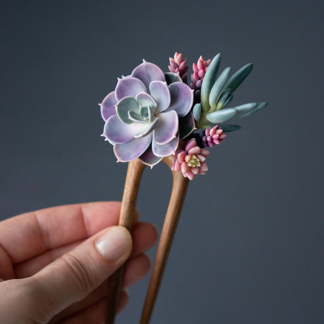 木质发簪缀以蓝色 Echeveria Perle von Nurnberg - 发饰 - 其他材质 