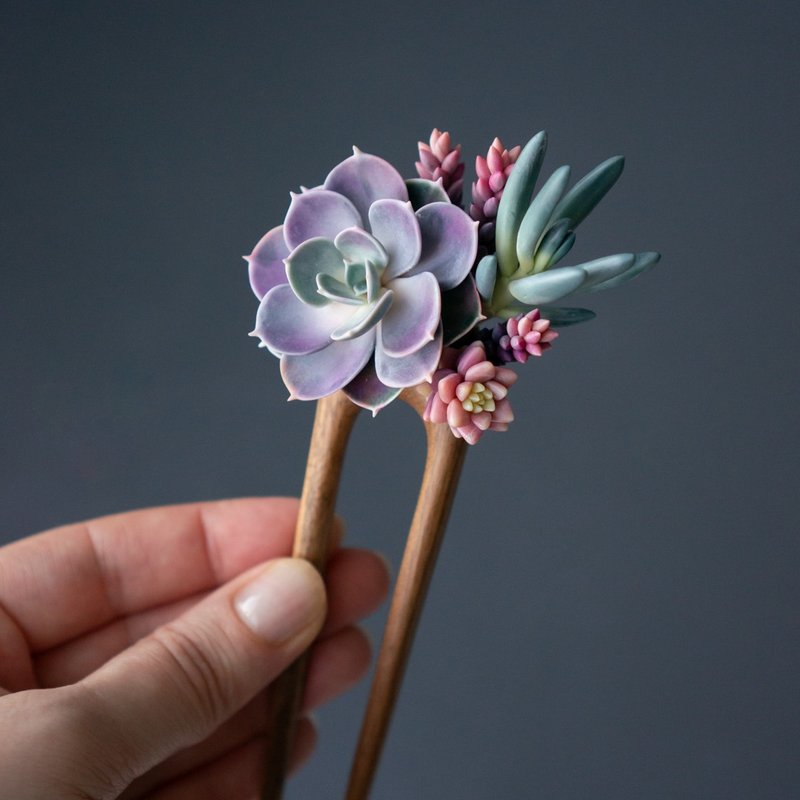 木质发簪缀以蓝色 Echeveria Perle von Nurnberg - 发饰 - 其他材质 