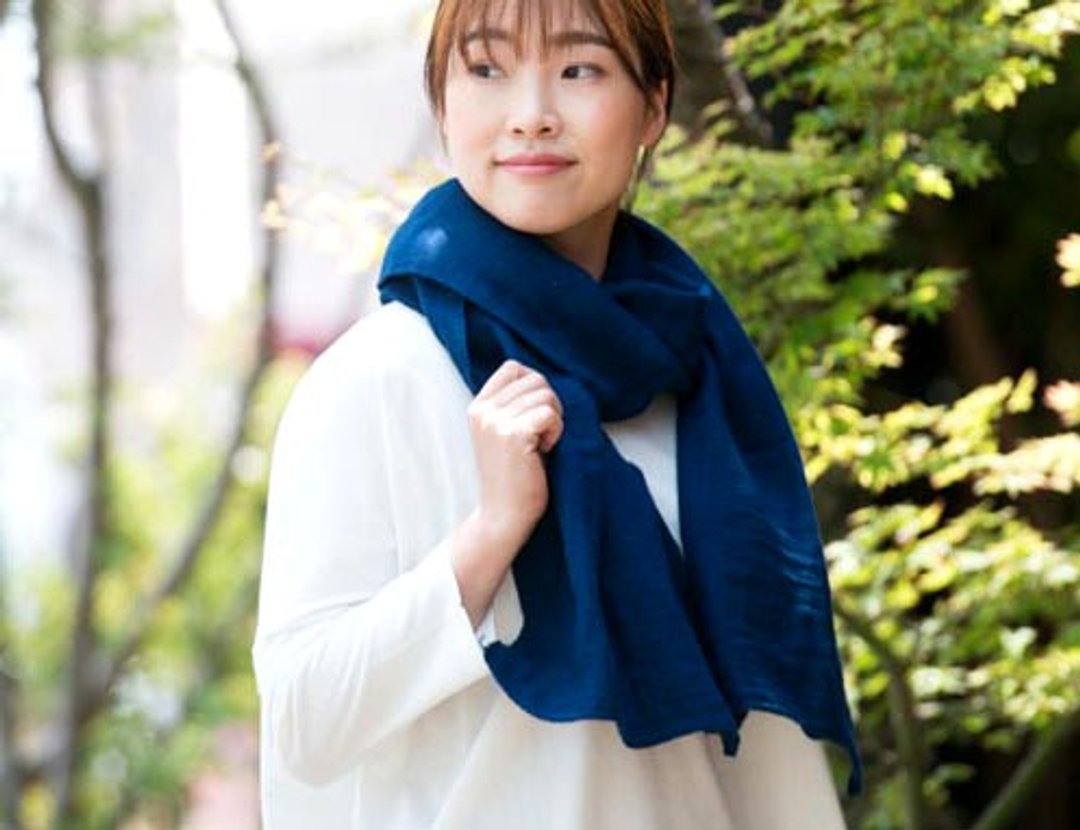 有机棉 3 层纱布蓝染围巾 - 丝巾 - 棉 蓝色