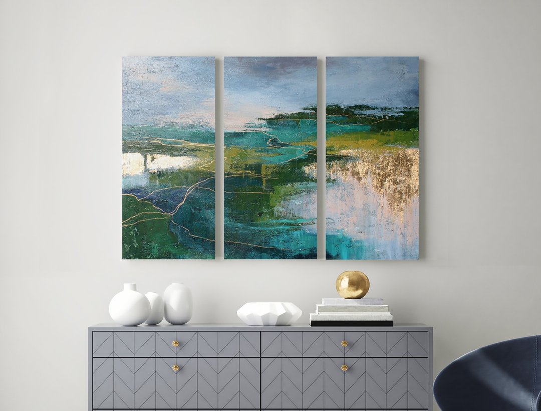绿色抽像三联画墙面艺术 | 三联画抽象自然 | 北2三联画 - 墙贴/壁贴 - 棉 绿色