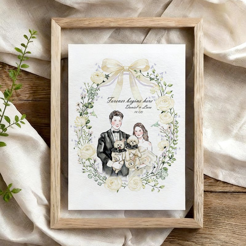 婚帖花圈 4 款背景 | 似颜绘水彩人像插画 | 双面玻璃 |生日情人礼 - 订制画像 - 其他材质 