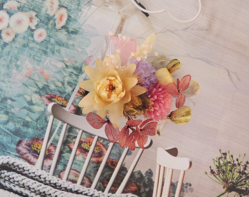 微甜·圈 经典系列 手作 浪漫春日 粉千日红 鹅黄麦杆菊 飞燕 星辰 木满天星 缎带 干燥花 发夹 新娘发饰 发饰 现货 - 发饰 - 塑料 粉红色