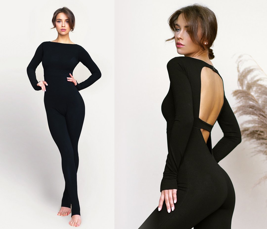 Yoga bodysuit, unitard. Organic cotton jumpsuit. Fitness suit. Yoga wear - 背带裤/连体裤 - 棉 黑色