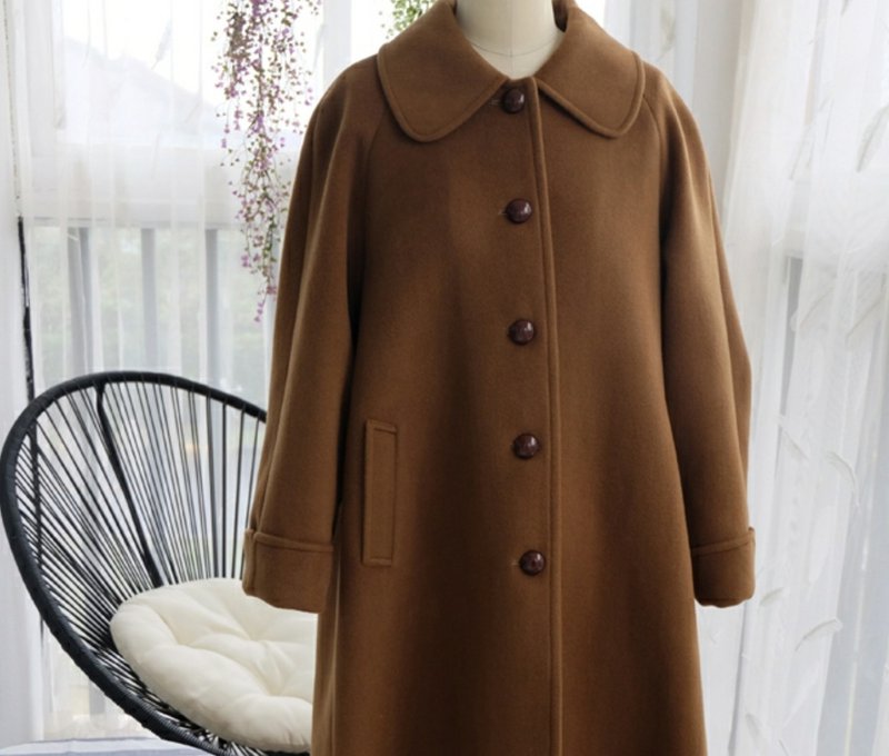 【手工制作】法式复古 柴田纱希焦糖色羊毛少女古着大衣 - 女装上衣 - 羊毛 咖啡色